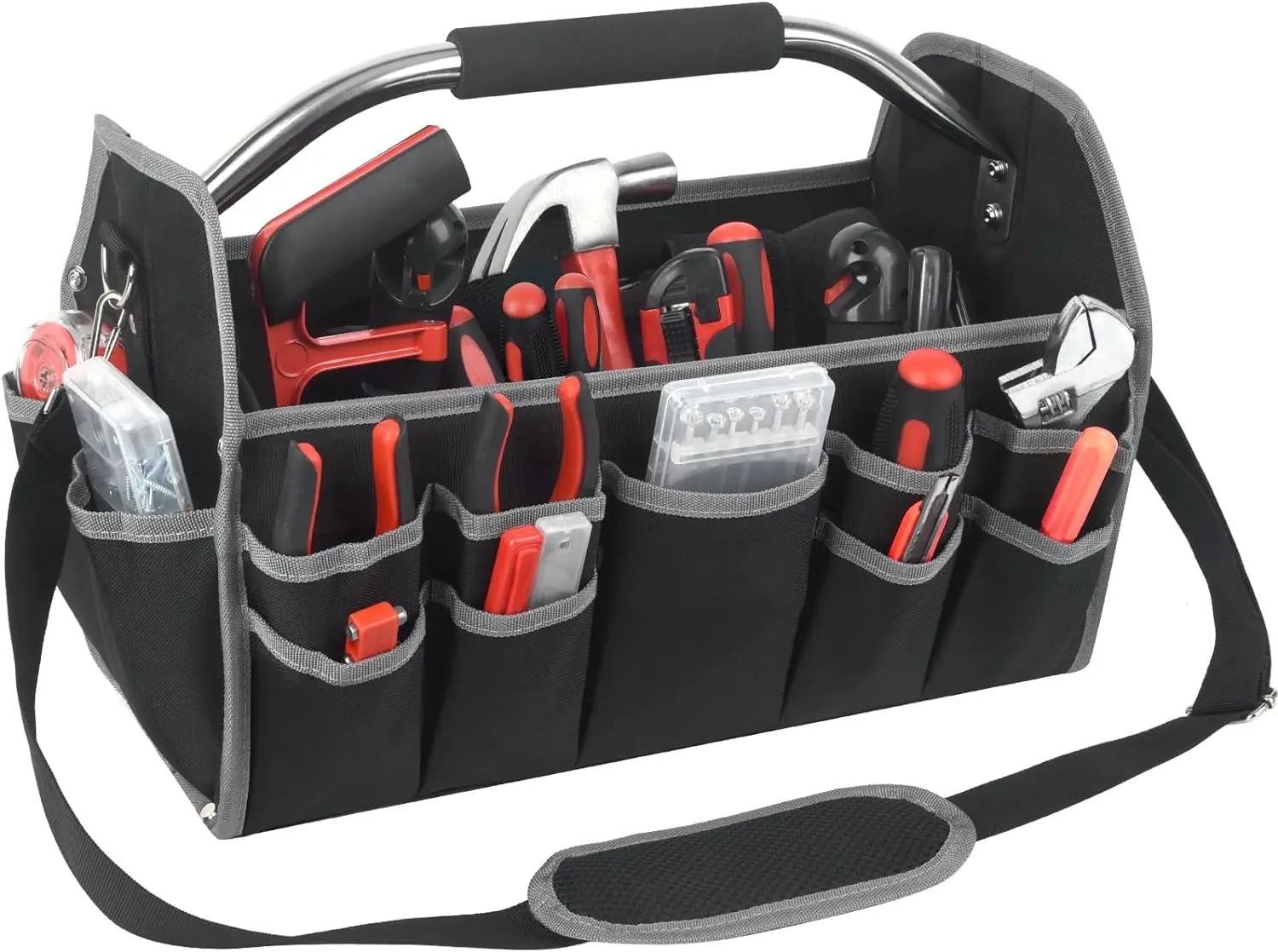 16 Inches Tool Bag, Open Top Tool Bag,  Electrician Tool Bag,26 Pockets Can Load Many Tools, Removable Shoulder Strap and Steel Handle
