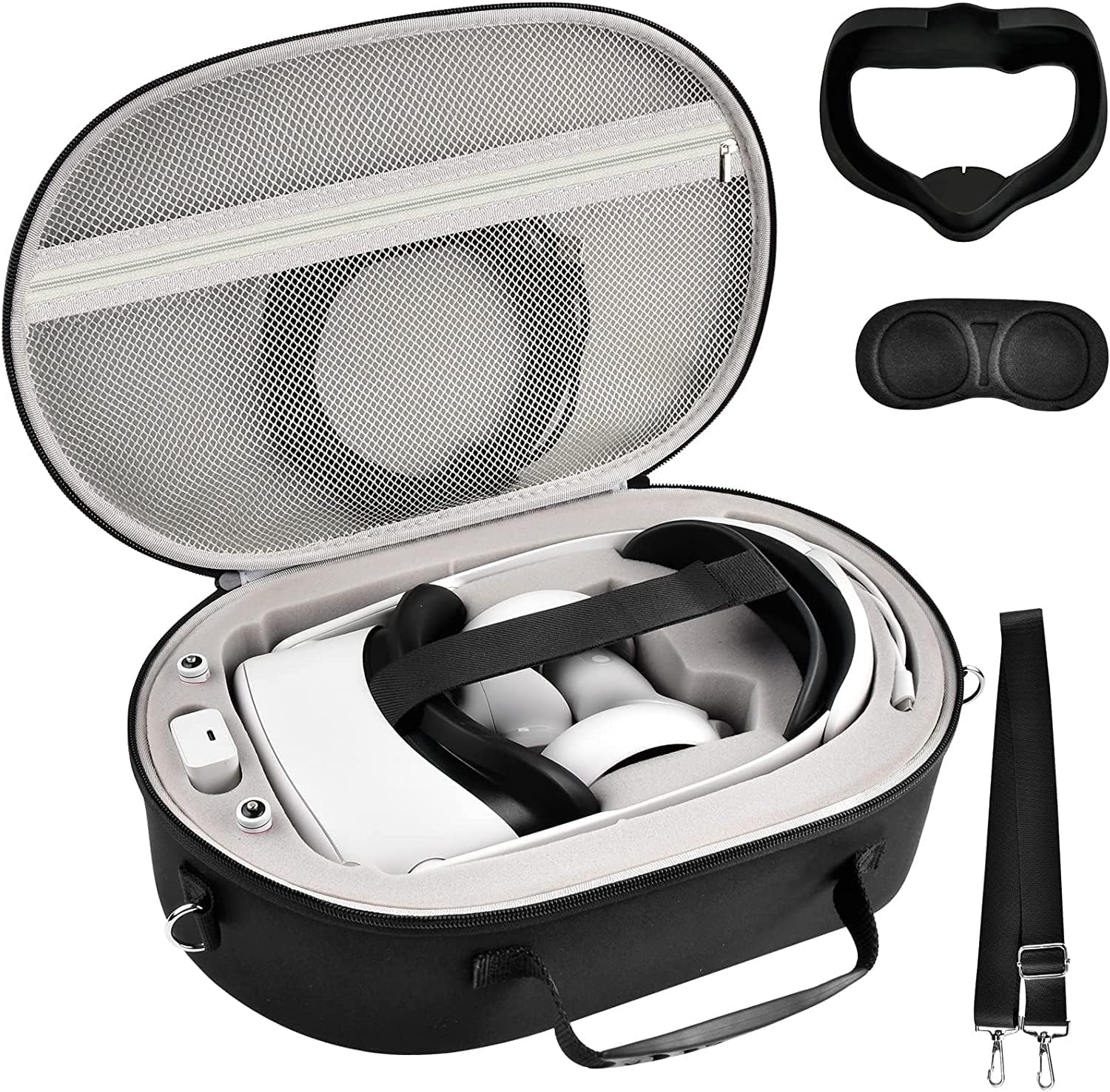 EVA Storage Box Organizer Bag with Silicone Face Cover, Lens Protector, Carrying Case Compatible with Oculus Quest 2 Advanced All-In-One Virtual Reality Headset with Elite Strap & Touch Contro...