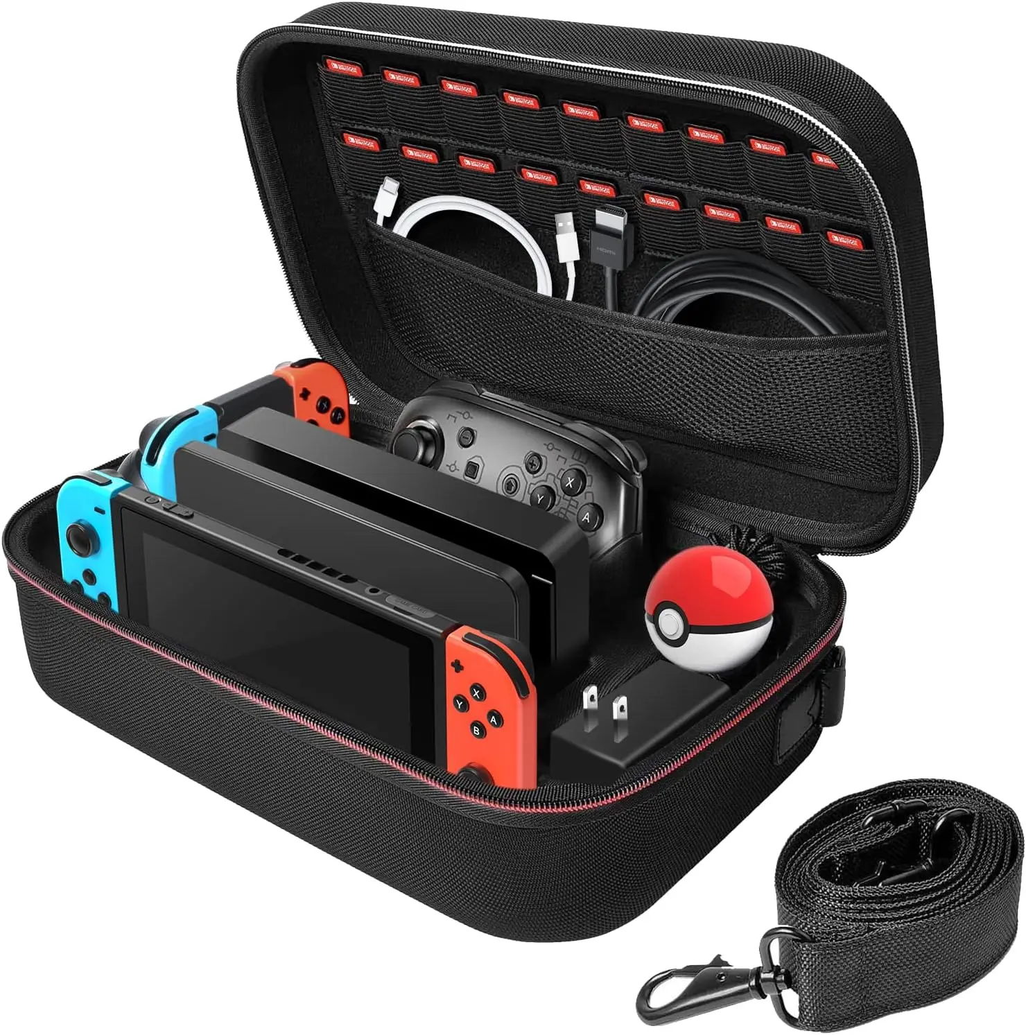 Portable Travel All Protective Hard Messenger Bag Soft Lining 18 Games for Switch Console Pro Controller & Accessories,Carrying Case Compatible with Nintendo Switch/Switch OLED Model ,Black