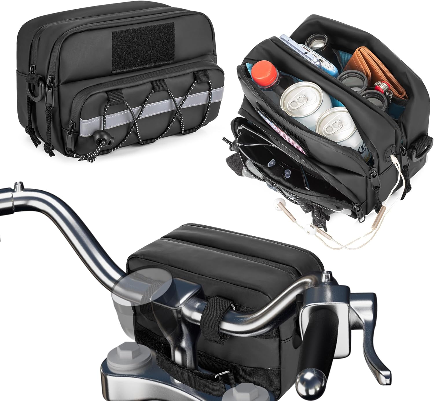 Waterproof Bicycle Handlebar Bag with USB Charge Hole & Shoulder Strap, Motorbike Storage Accessory Pouch, Double-layer Motorcycle Handlebar Bag