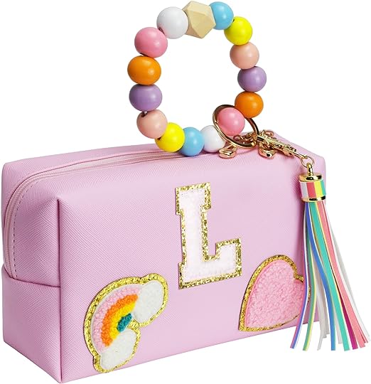 Preppy Stuff Gift for Girls,Personalized Portable Monogram Travel Cosmetic Bag with Keychain Bracelet, Cute Makeup Pouch PU Leather Toiletry Bag，Initial Preppy Makeup Bag for Girls