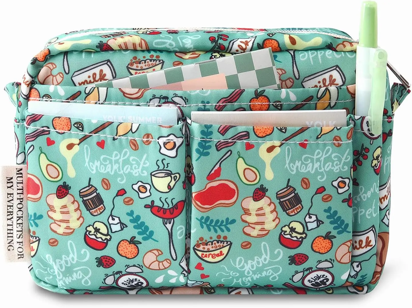 Multi-functional Craft Organizer Bag, Water resistant Travel Bag Zippered Case, Small Journal Supplies Storage Case for Notebooks, Stationeries, Make-up, Office Supplies. Green Breakfast