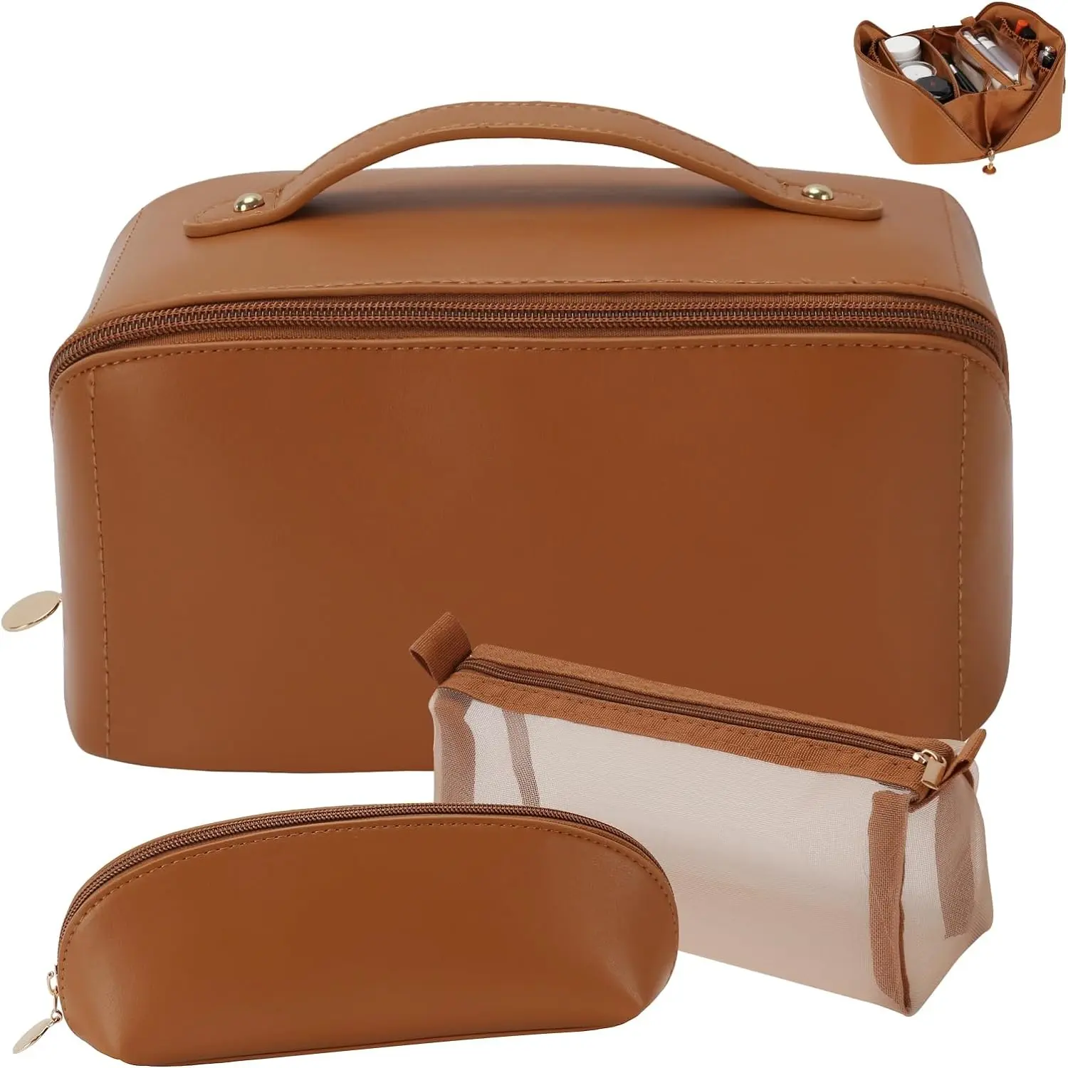 3 Pcs Travel Cosmetic Bag ,Portable Large Capacity Makeup Bags for Lady(Brown)
