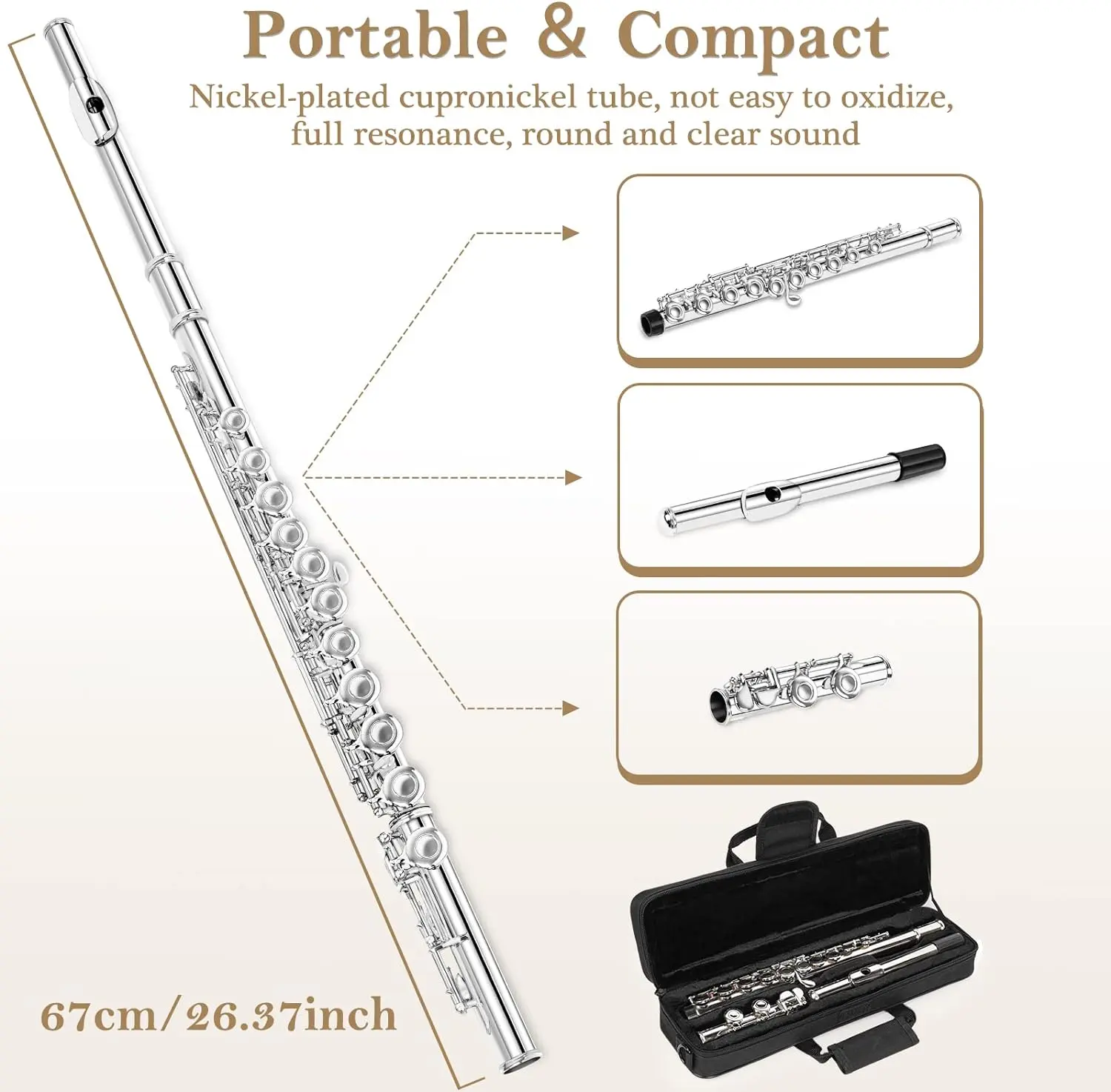 The Flute Case Carrying Bag Waterproof Lightweight for 16 Holes Flute C Foot with Adjustable Shoulder Strap and Exterior Pocket