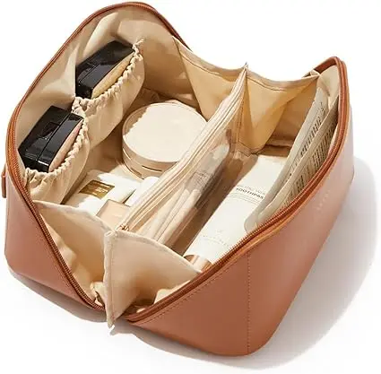 Travel Cosmetic Bags,Big，Capacity Makeup Bags for Ladys,Watertight Portable Pouch Open Flat Toiletry Bags Make up Organizer with Divider and Handle Featured Image