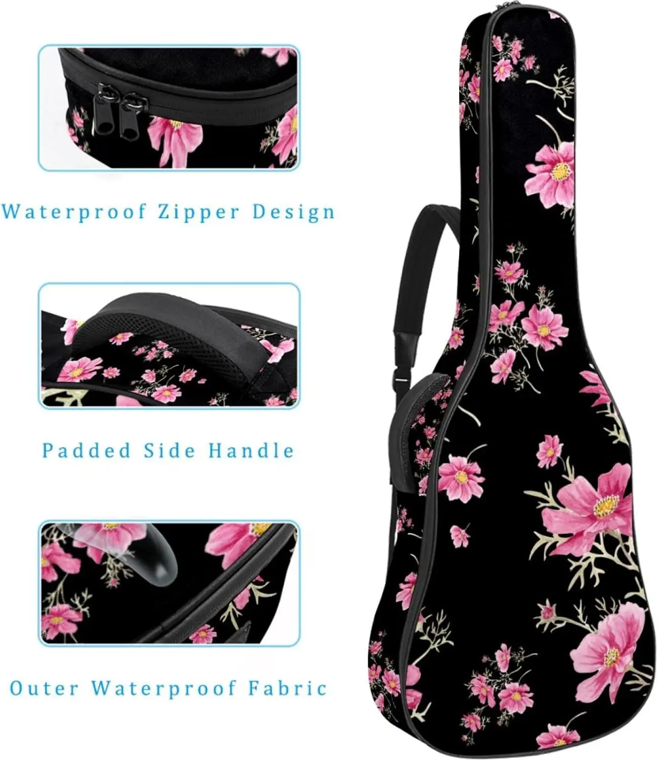 Acoustic Guitar Bag Waterresistant Dual Adjustable Shoulder Strap Guitar Case Bag,Black Pink Flowers and Grass