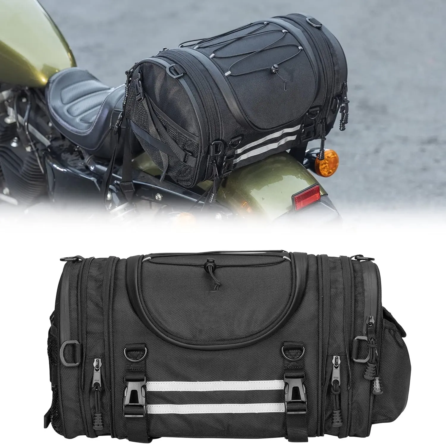 Expandable Motorcycle Tail Bags, Deluxe Roll Rear Seat Bag