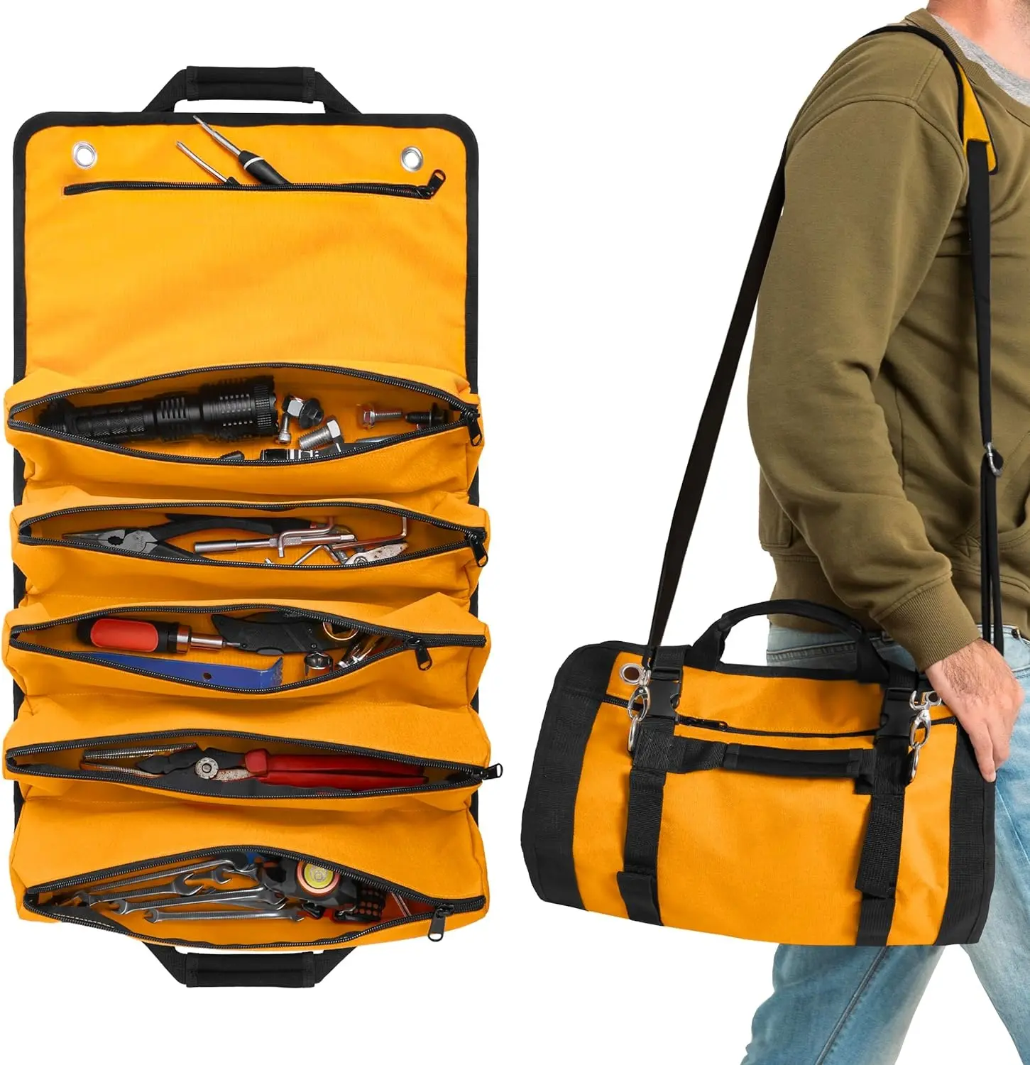 Heavy Duty Tool Roll Bag Organizer – Travel roll up tool bag with 6 Zip Organizer Pouches