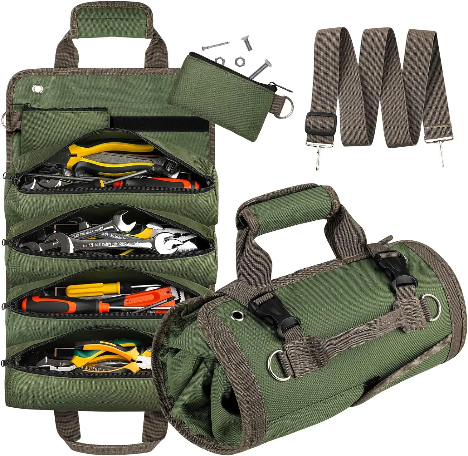 Tool Bag Roll Up, Heavy Duty Tool Organizer for Men and Women, Compact Small Carrier Bag for Electrician Mechanic, Father Day Dad Gifts, Green Portable Tool Storage Box with 2 Detachable Zipper Pouch.
