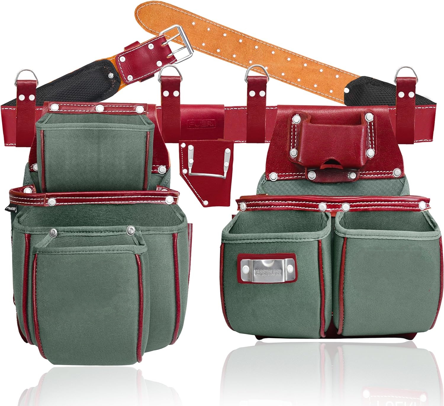 The Nylon & Leather Tool Belt for Men | Heavy Duty Tool Bag set with 2 Pouches, Plier Holder, Foam Padded Work Belt & 4 Suspender Loops for Framers Carpenters Electrician and Construction...