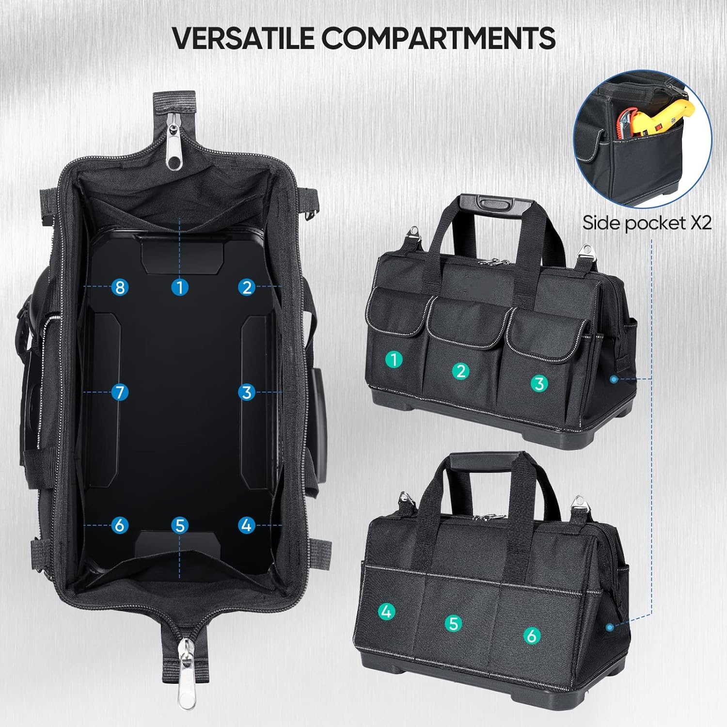 Multi-Pockets Wide Mouth Tool Tote with Adjustable Shoulder Strap, Safety Reflective Straps