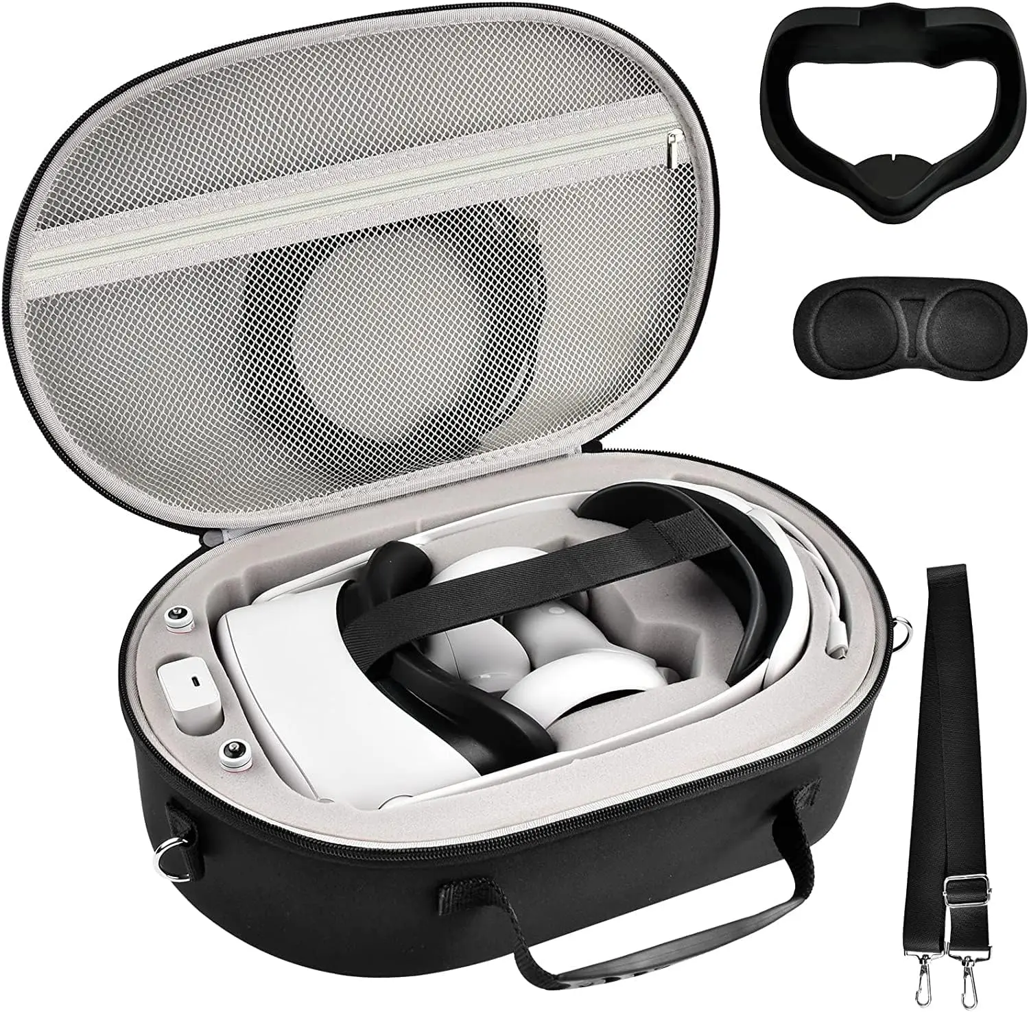 EVA Storage Box Organizer Bag with Silicone Face Cover, Lens Protector, Carrying Case Compatible with Oculus Quest 2 Advanced All-In-One Virtual Reality Headset with Elite Strap & Touch Controller Featured Image