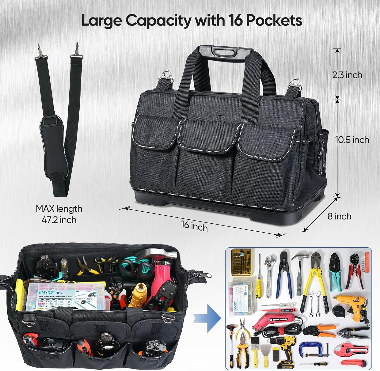 Multi-Pockets Wide Mouth Tool Tote with Adjustable Shoulder Strap, Safety Reflective Straps