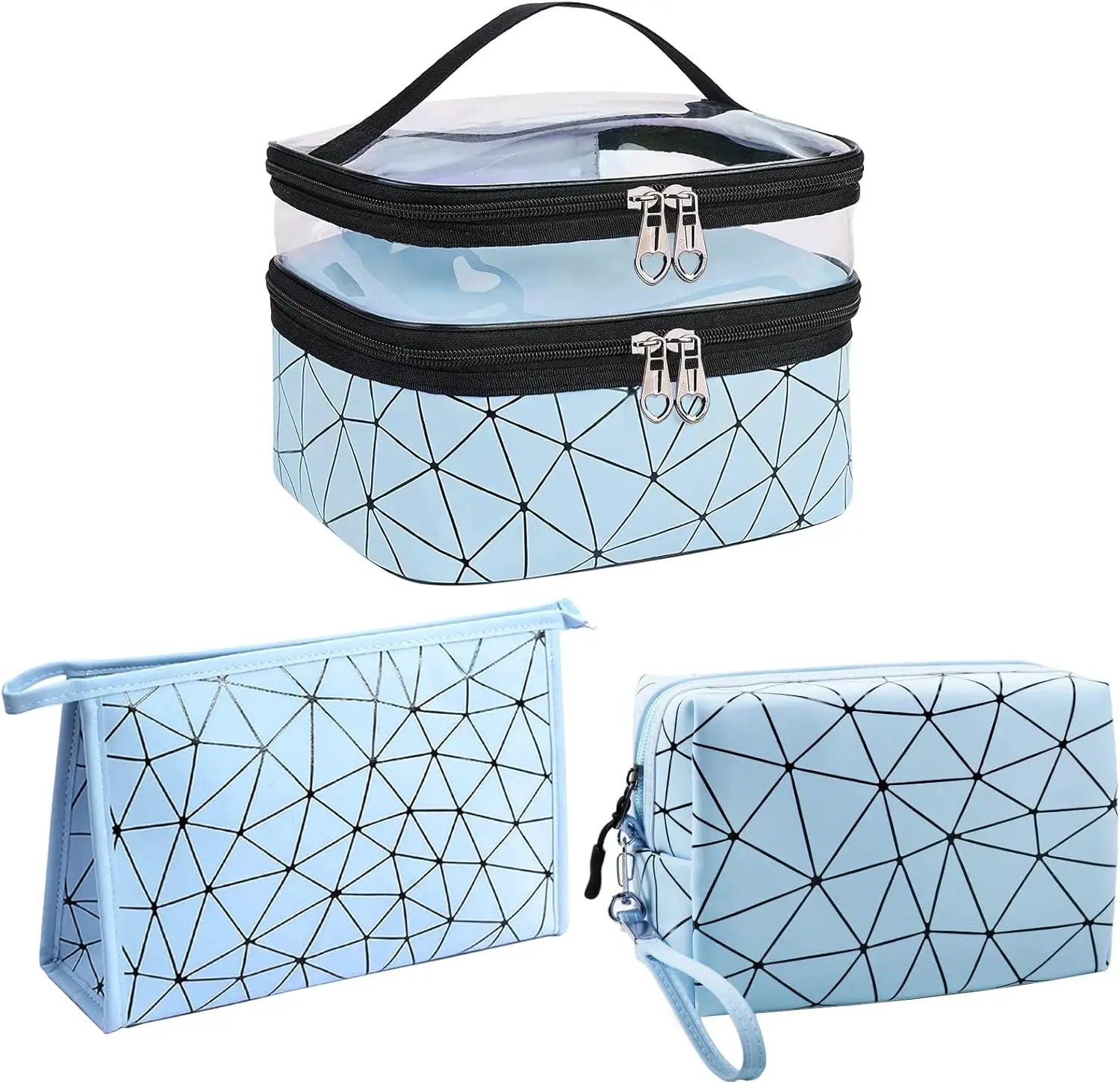 Travel Cosmetic Bag Organizer, Waterresistant Toiletry Bag Set, Skincare Bag with 2 Makeup Bags for Women(Blue)