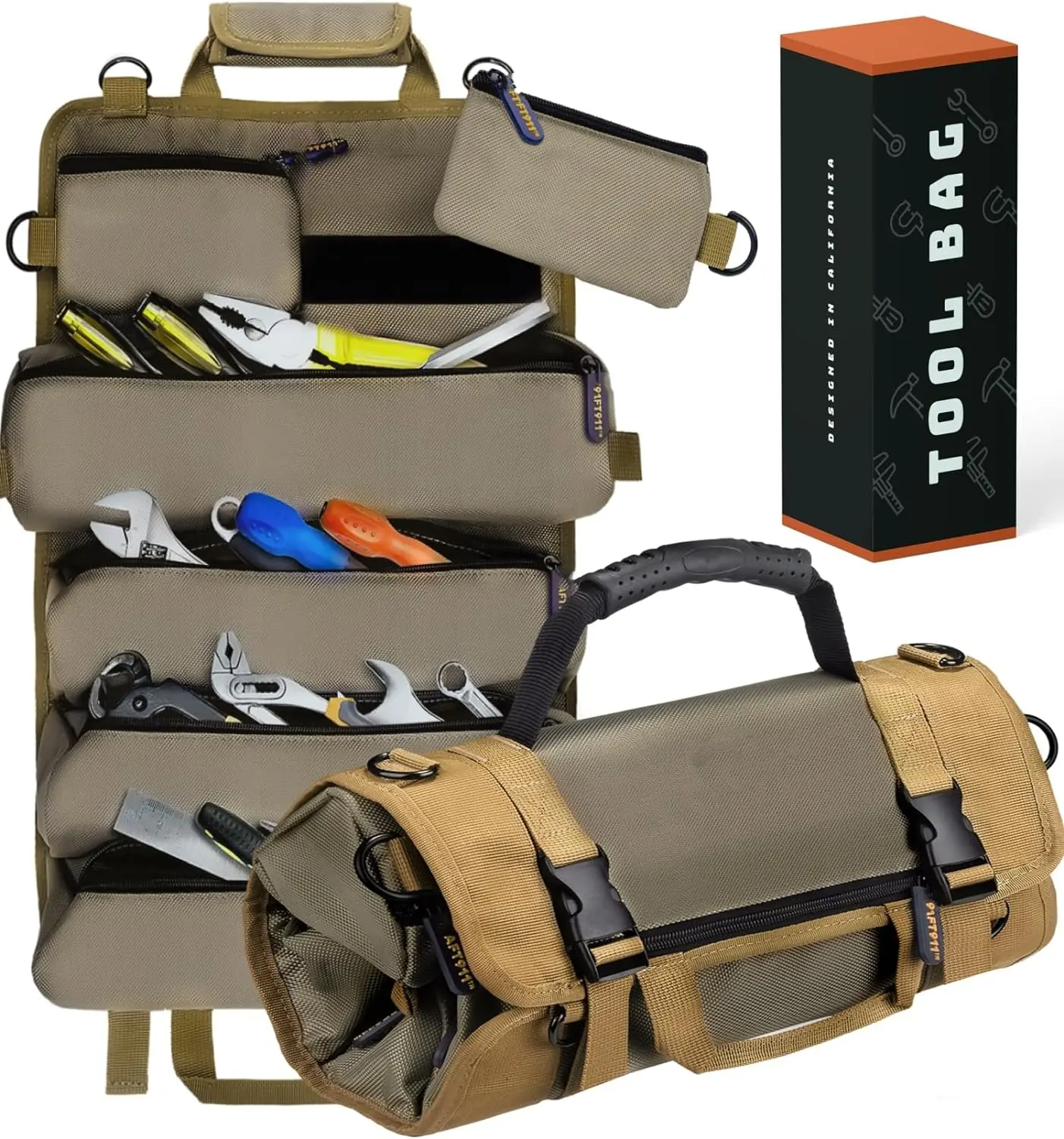 Heavy Duty Tool Roll Up Bag W/Detachable Pouches – Waterproof Tool Organizer